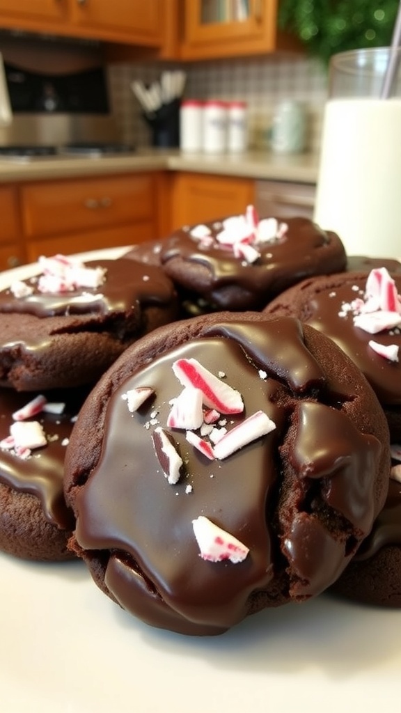 A plate of Chocolate Mint Cookies with chocolate glaze and crushed peppermint, set in a cozy kitchen.